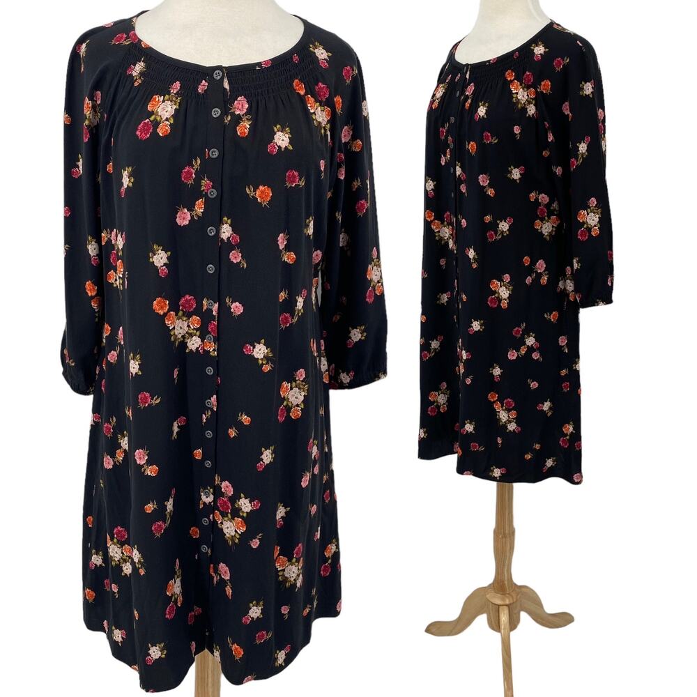J Jill Floral Button Down Dress Smocked Neck Floral Printed Mini Black Womens MP